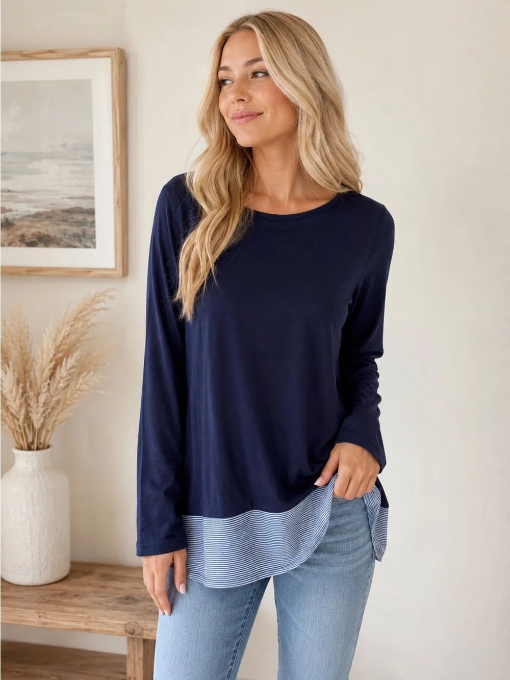 J. Crew Mercantile Navy Long-Sleeve Top with Striped Hem